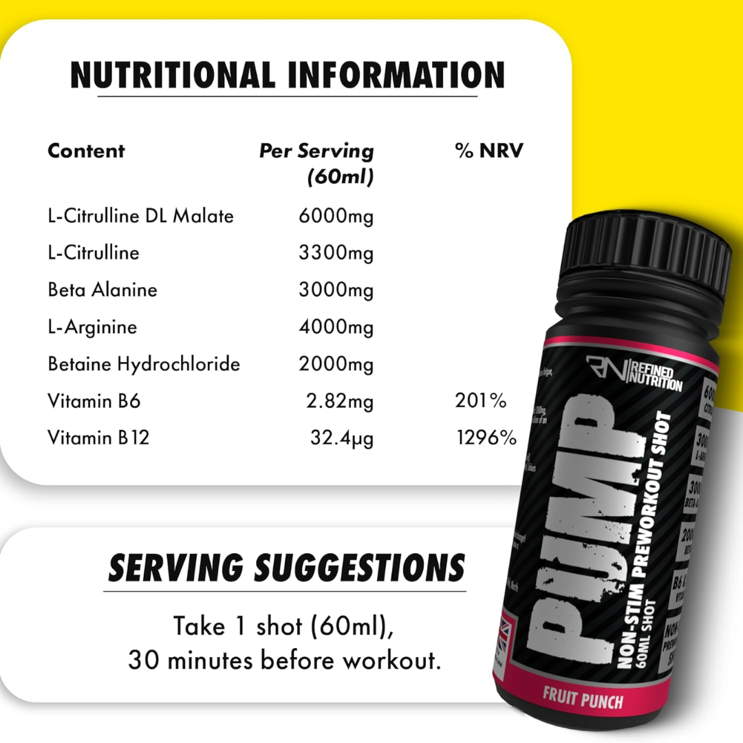 Refined Nutrition PUMP Non-Stim Pre-workout Shots 12x60ml Fruit Punch
