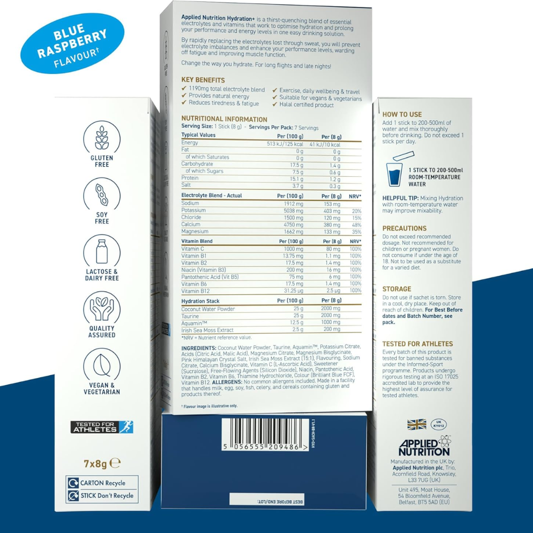 Applied Nutrition Hydration+ Electrolyte & Vitamin Powder Sticks 7x8g Blue Raspberry
