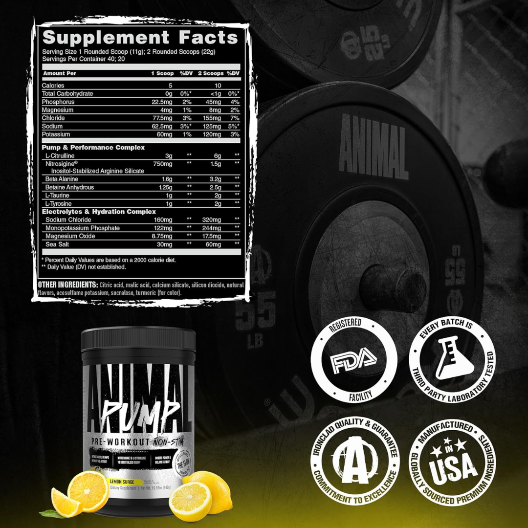 Animal Pump Non Stim 442g Lemon Surge