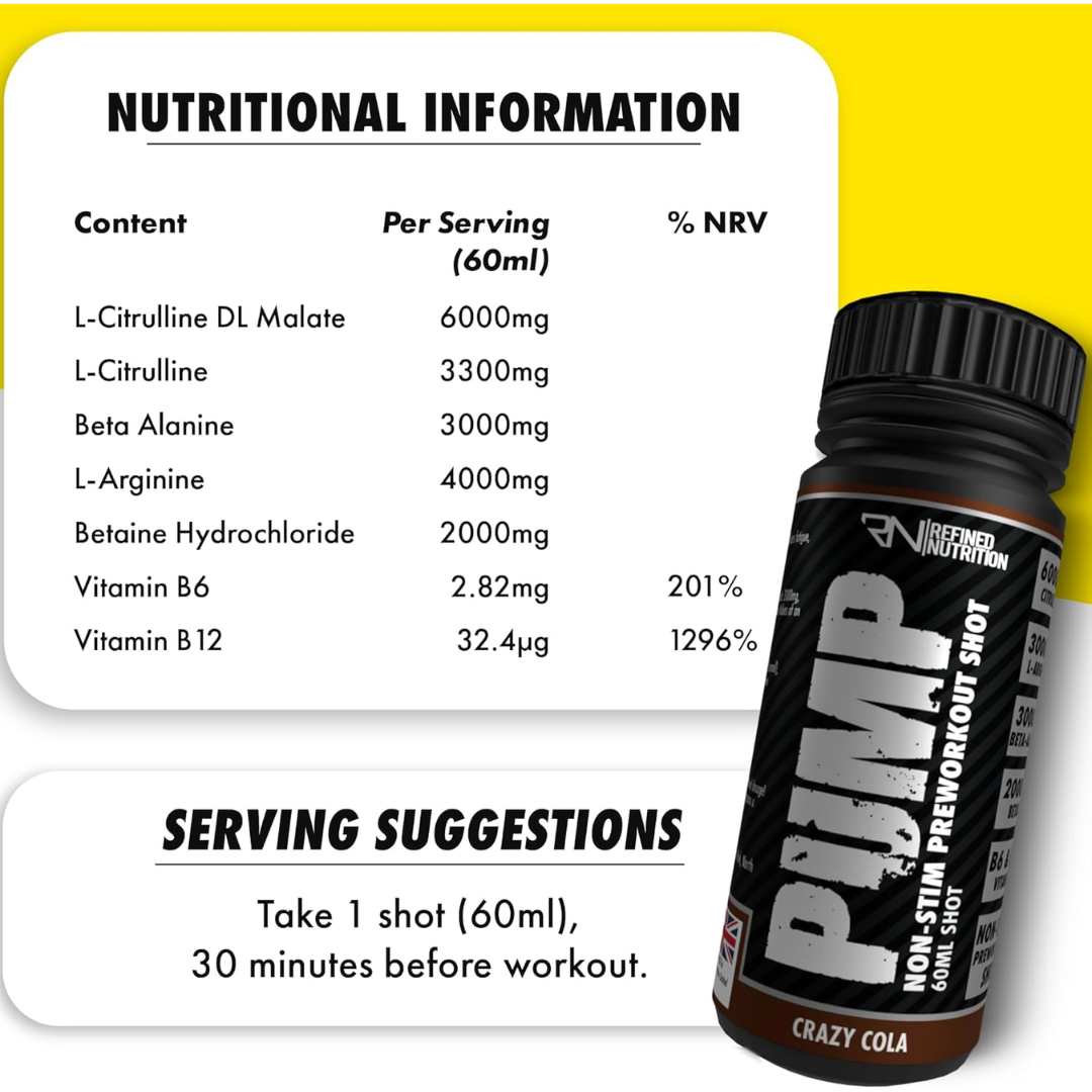 Refined Nutrition PUMP Non-Stim Pre-workout Shots 12x60ml Crazy Cola