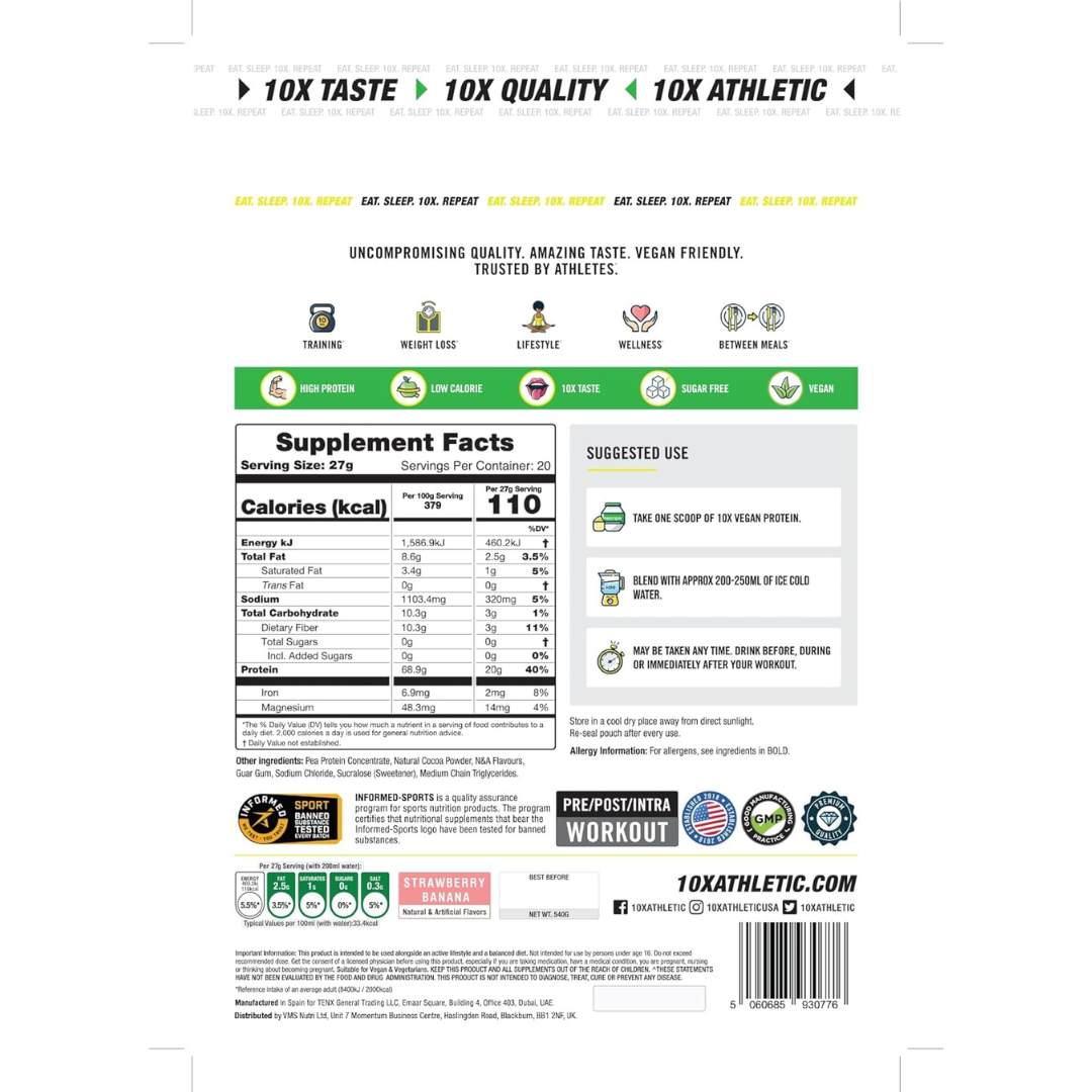10X Athletic Vegan Protein 540g Strawberry Banana