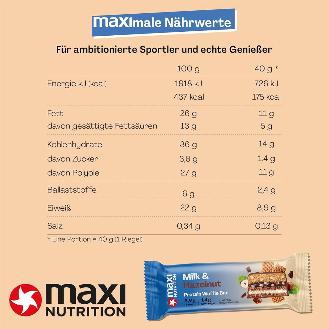 MaxiNutrition Protein Waffle Bar 12x40g Milk & Hazelnut