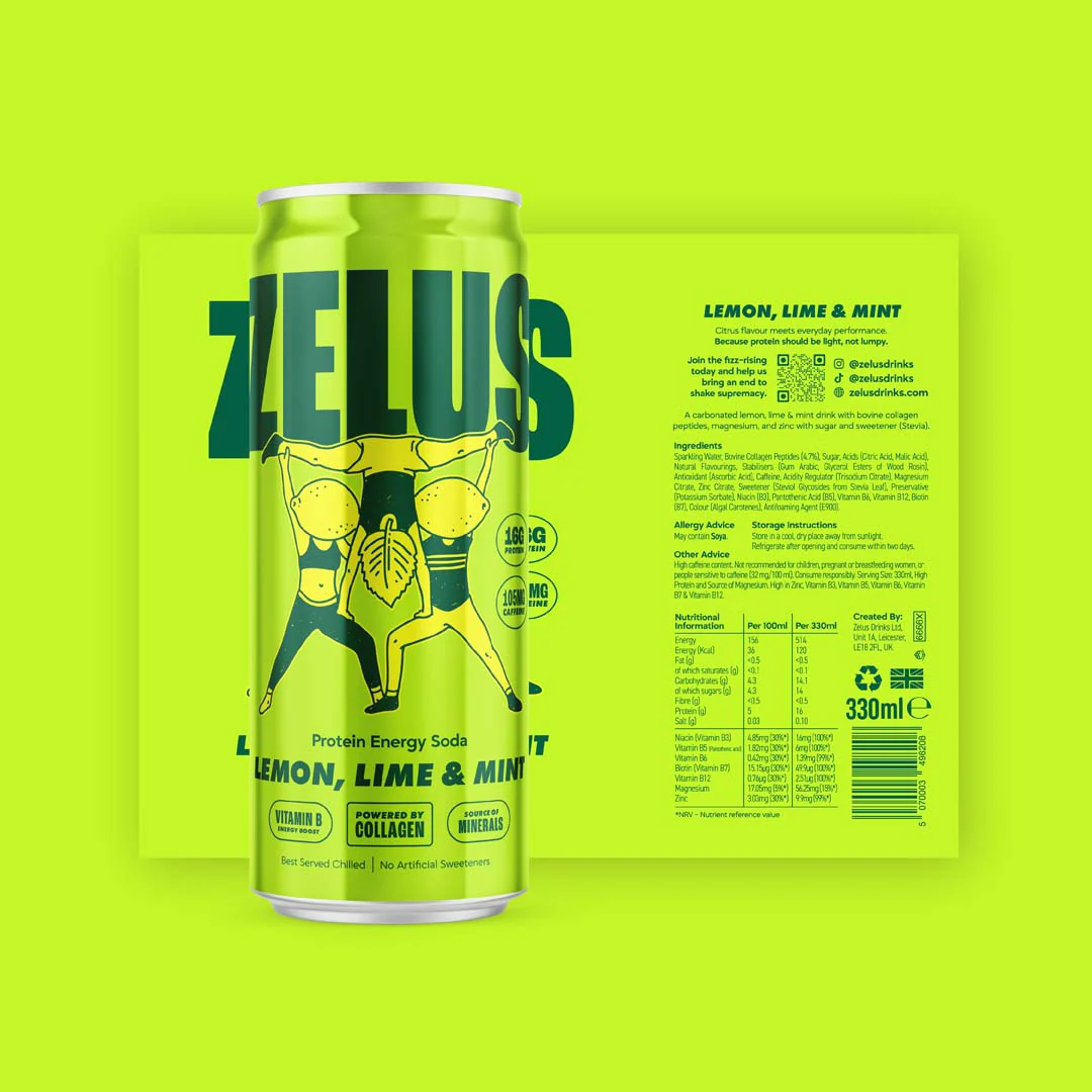 ZELUS Protein Energy Soda 12x330ml Lemon, Lime & Mint