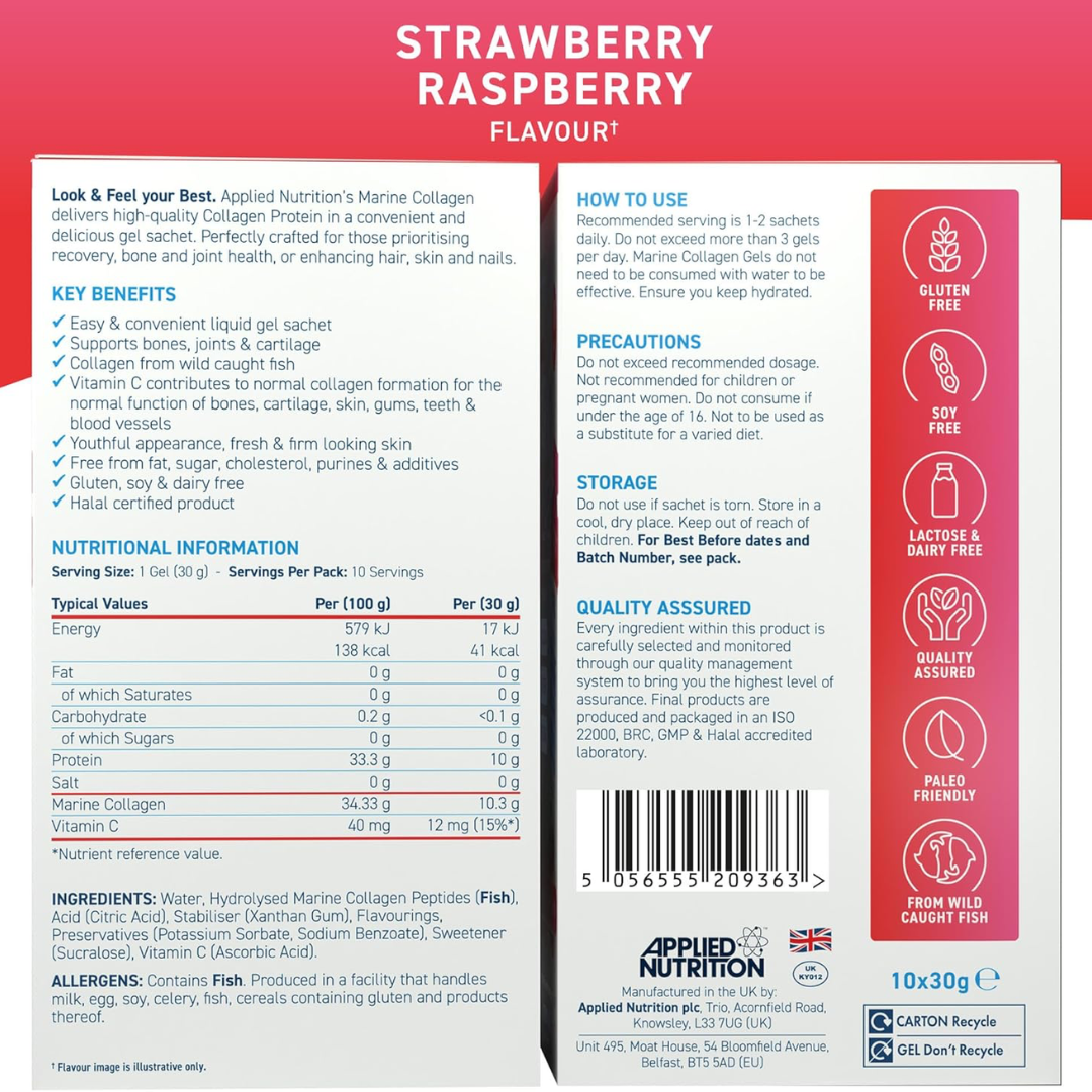 Applied Nutrition Marine Collagen Gels 10x30g Strawberry Raspberry