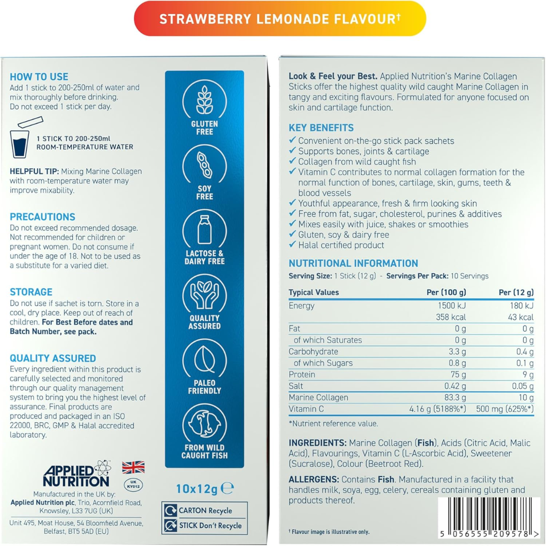 Applied Nutrition Marine Collagen Sticks 10x12g Strawberry Lemonade