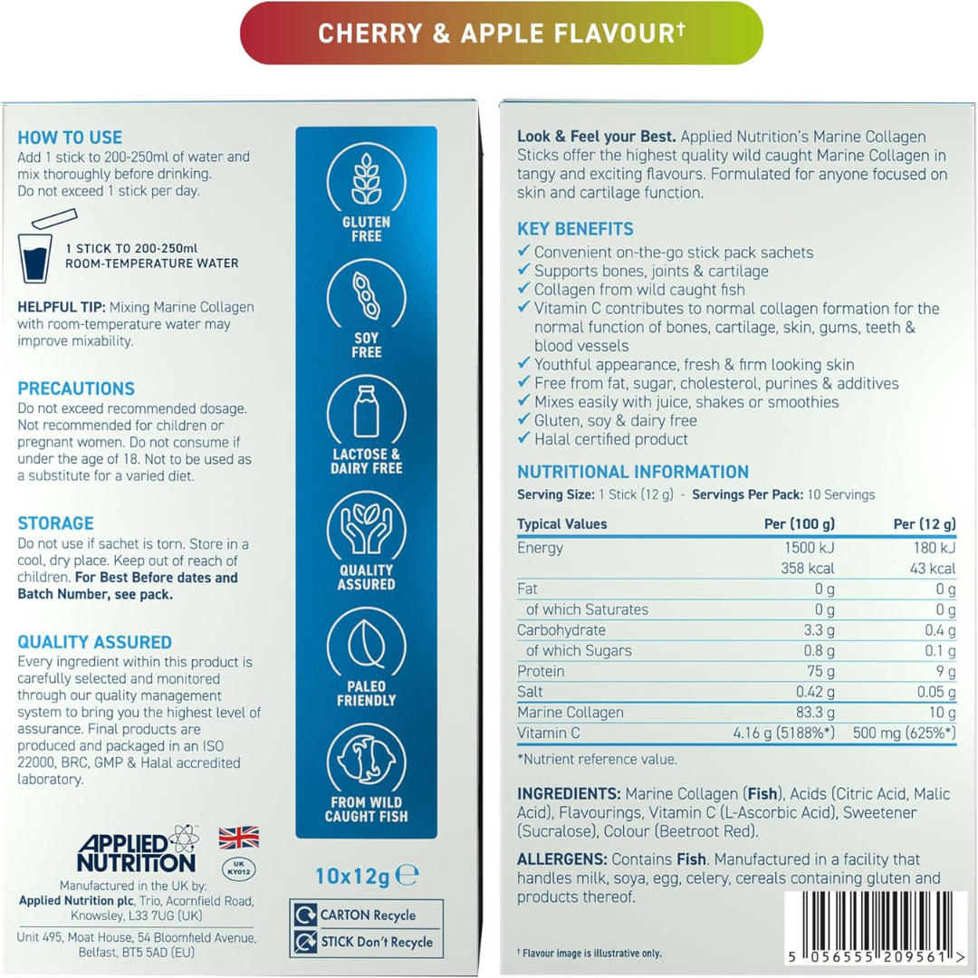 Applied Nutrition Marine Collagen Sticks 10x12g Cherry Apple