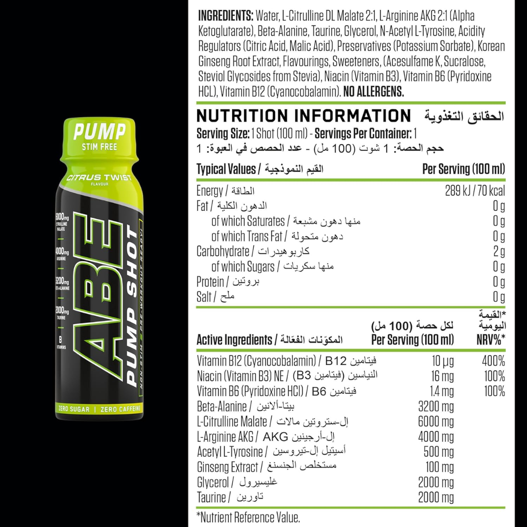 Applied Nutrition ABE Stim Free Pump Shots 12x100ml Citrus Twist