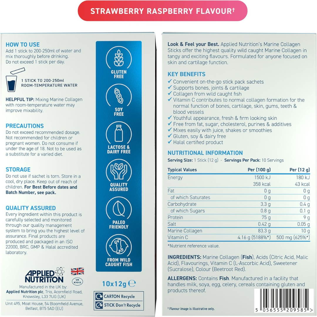Applied Nutrition Marine Collagen Sticks 10x12g Strawberry Raspberry