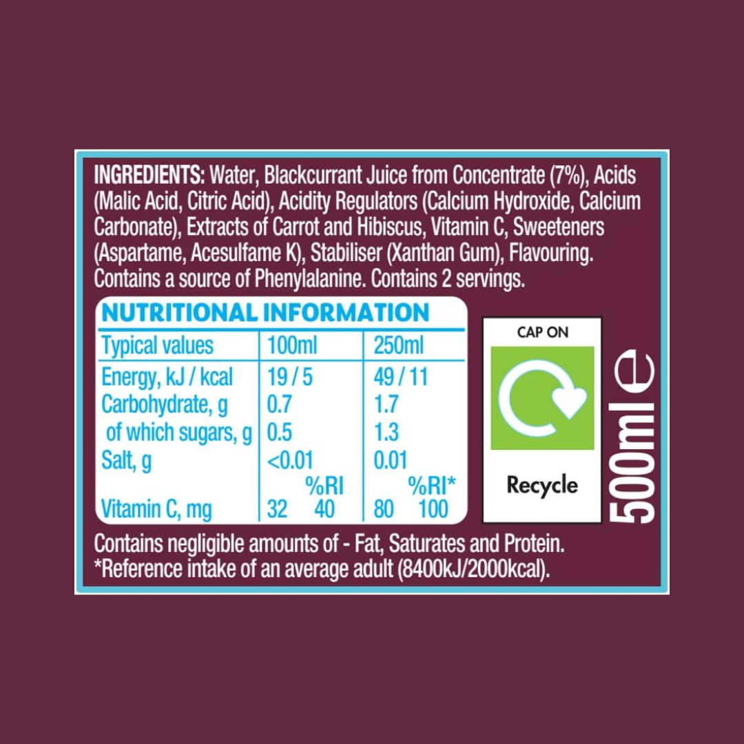 Ribena No Added Sugar 12x500ml Blackcurrant