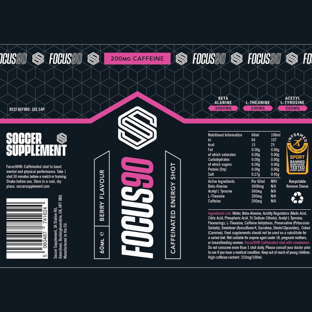 Soccer Supplement Focus Shot Caffeinated Drink 12x60ml Mixed Berry