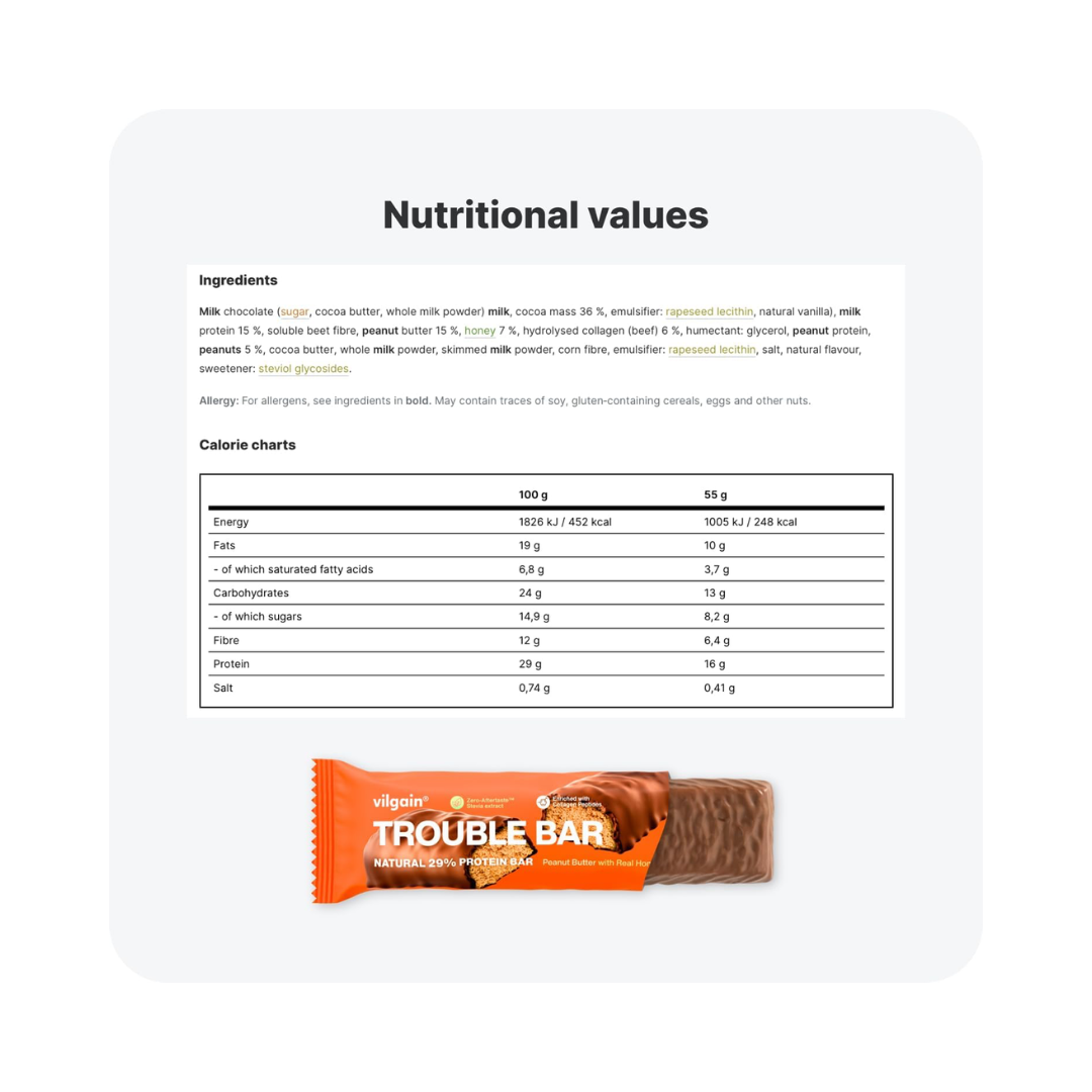 Vilgain Trouble Protein Bar 12x55g Peanut Butter with real honey