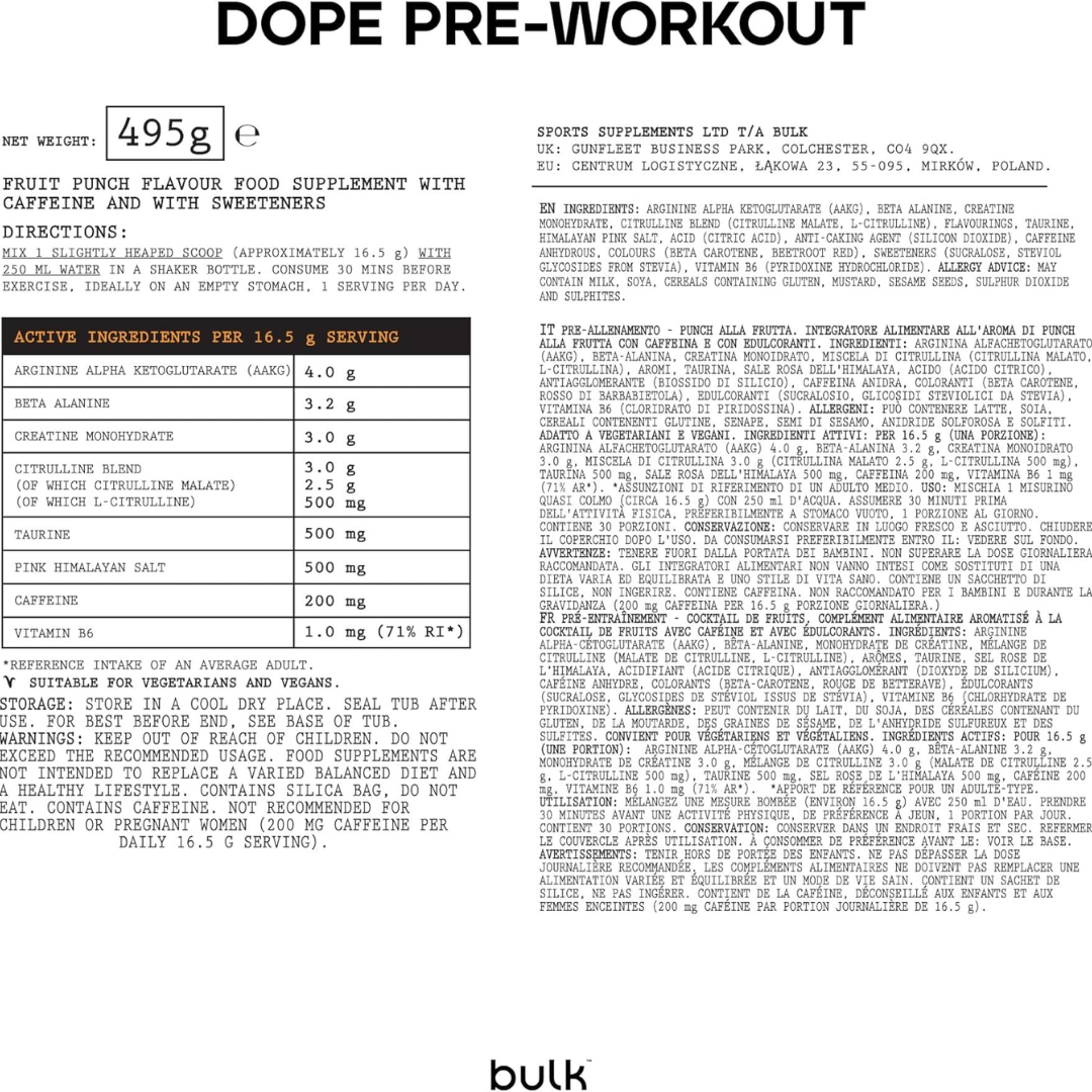 Bulk Dope Pre Workout 510g Fruit Punch