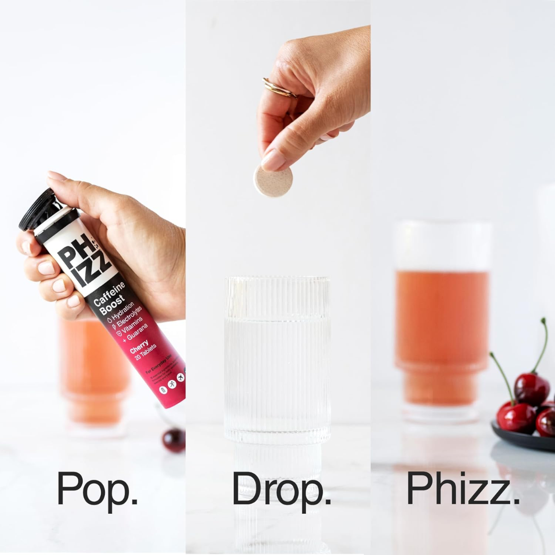 Phizz 3-in-1 + Caffeine Boost Multivitamin & Rehydration Electrolyte Effervescent 12x20 240 Tabs Cherry
