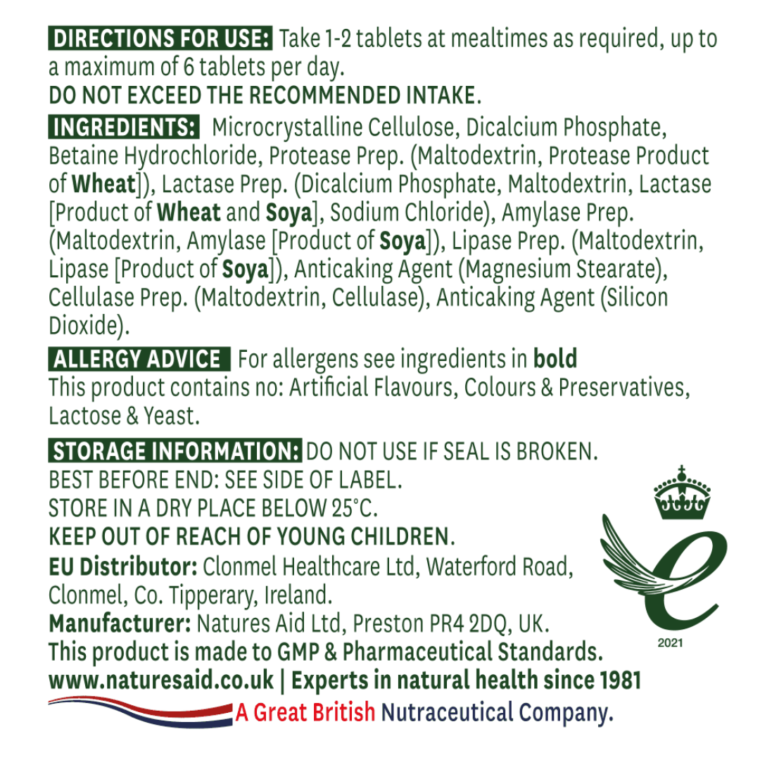 Natures Aid Digestive Enzyme Complex (with Betaine HCI) 60 Tabs