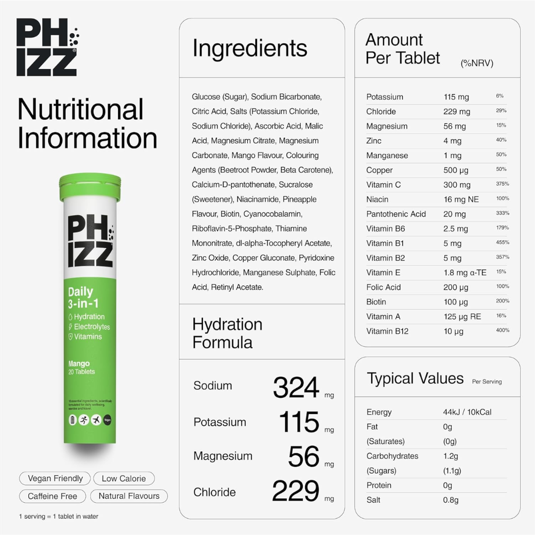 Phizz 3-in-1 Multivitamin & Rehydration Electrolyte Effervescent 12x20 240 Tabs - Orange