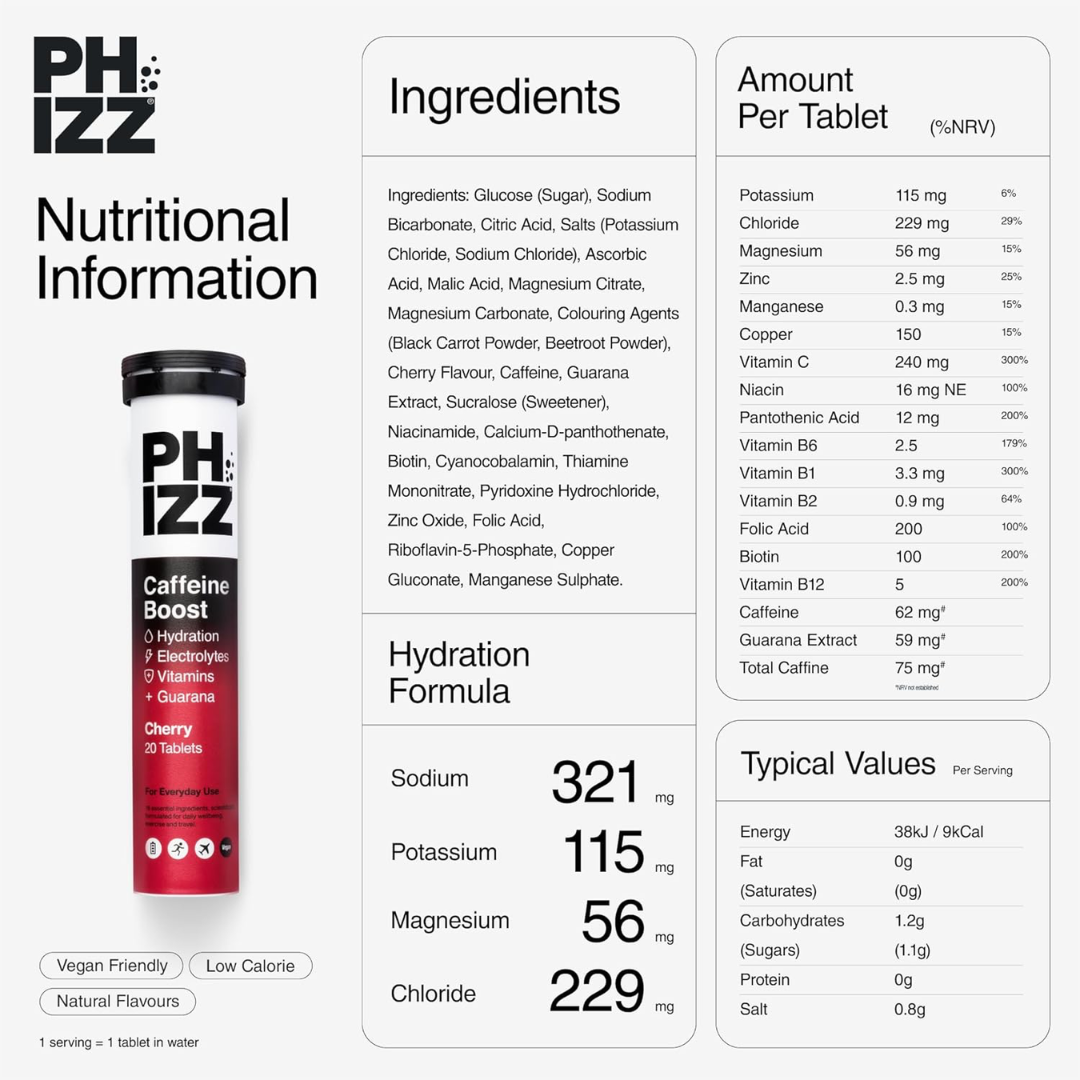 Phizz 3-in-1 + Caffeine Boost Multivitamin & Rehydration Electrolyte Effervescent 12x20 240 Tabs Cherry