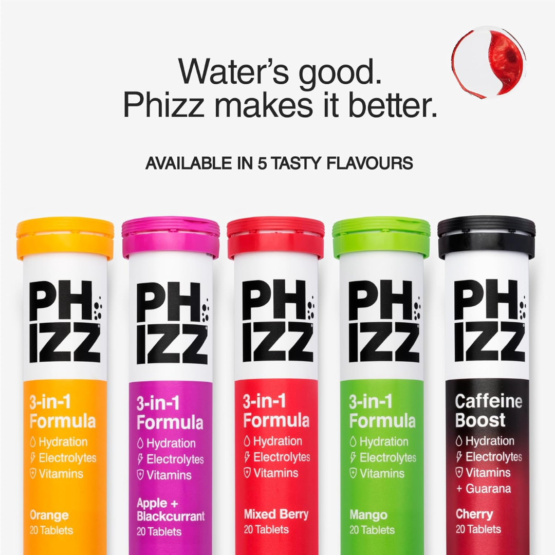 Phizz 3-in-1 + Caffeine Boost Multivitamin & Rehydration Electrolyte Effervescent 12x20 240 Tabs Cherry