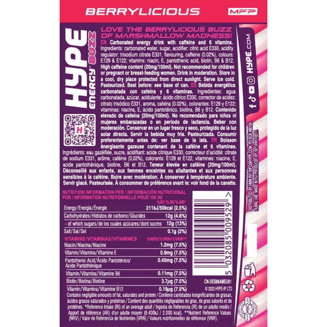 HYPE BUZZ Marshmallow Berrylicious 24x250ml Red Berries